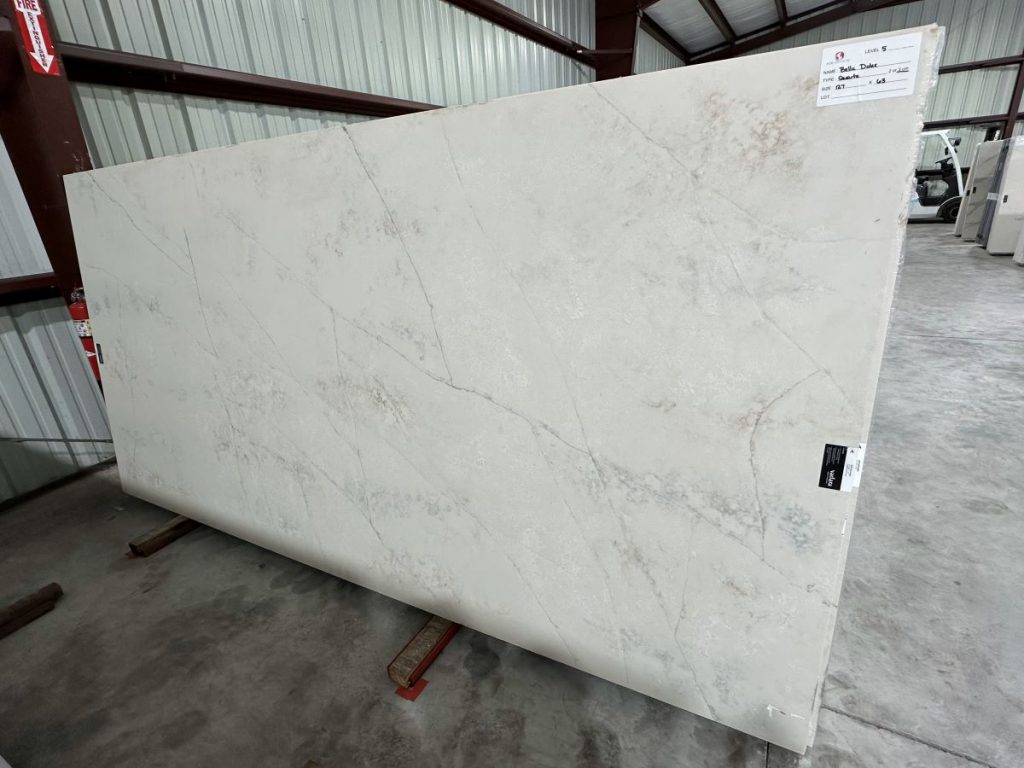 slab of Bella Dolce Vadara quartz in the ace granite warehouse